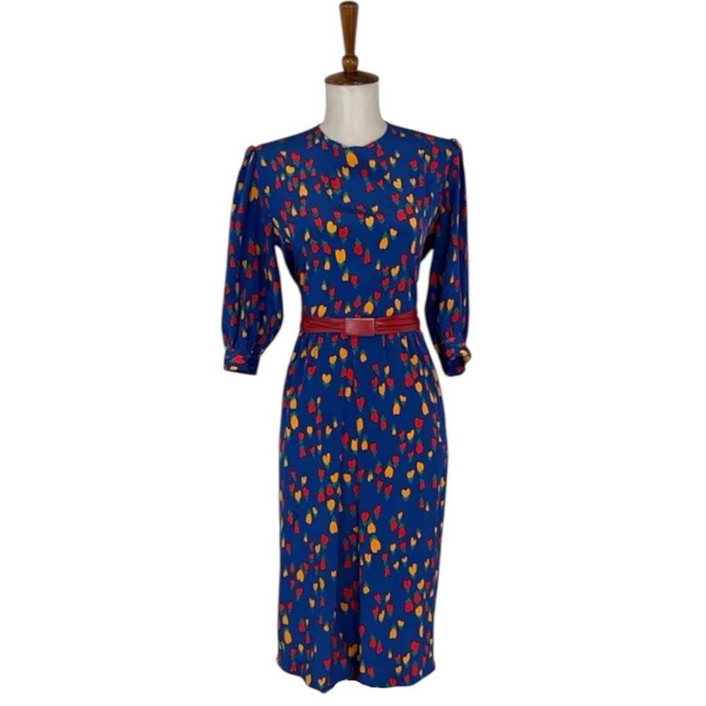 Vintage Tulip Floral‎ Dress Women’s L Short Sleeve Crew Neck Midi Retro Preppy